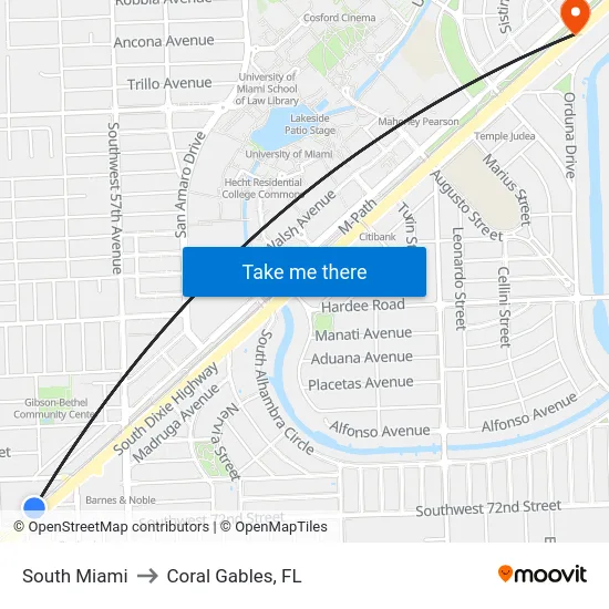 South Miami to Coral Gables, FL map