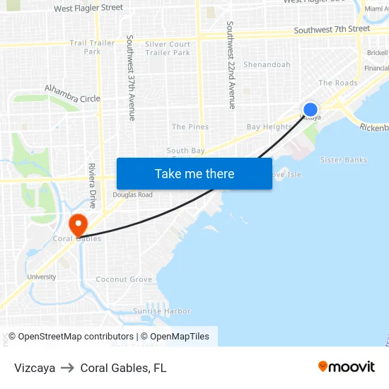 Vizcaya to Coral Gables, FL map