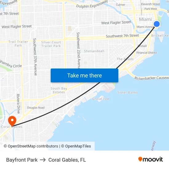 Bayfront Park to Coral Gables, FL map