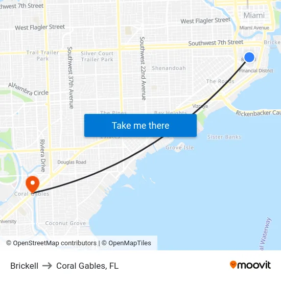 Brickell to Coral Gables, FL map