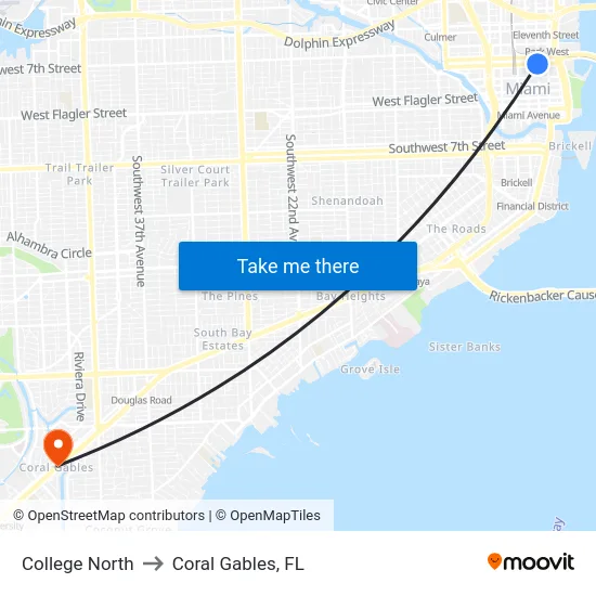 College North to Coral Gables, FL map
