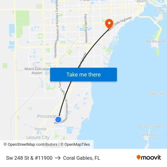 Sw 248 St & #11900 to Coral Gables, FL map