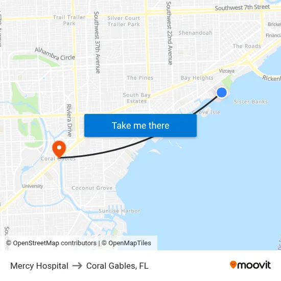 Mercy Hospital to Coral Gables, FL map