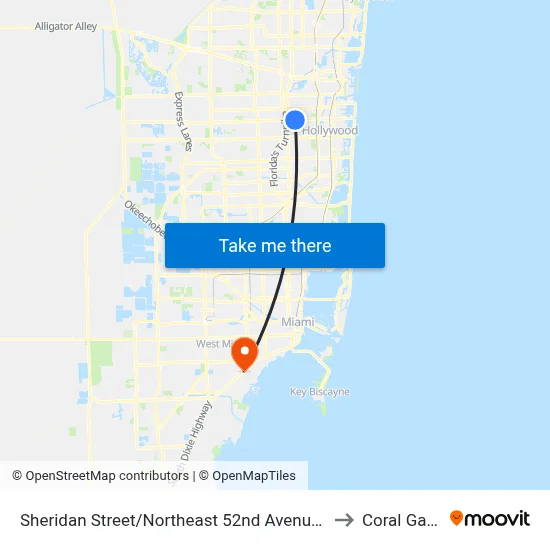Sheridan Street/Northeast 52nd Avenue - (Sheridan Technical) to Coral Gables, FL map