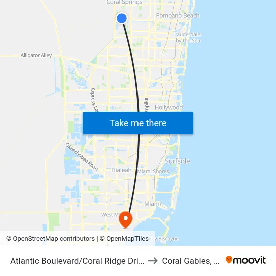 Atlantic Boulevard/Coral Ridge Drive to Coral Gables, FL map