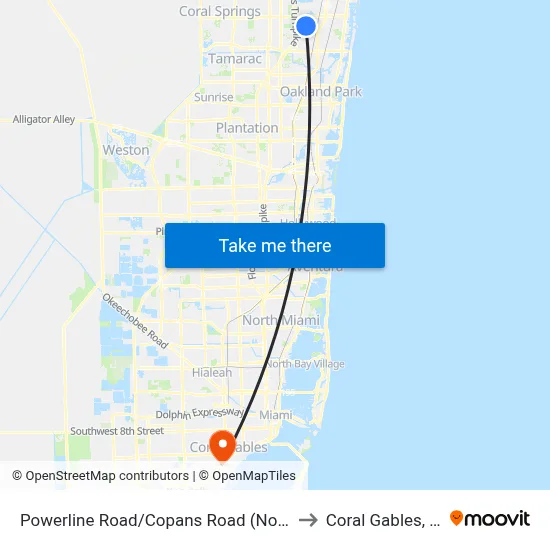 Powerline Road/Copans Road (North) to Coral Gables, FL map