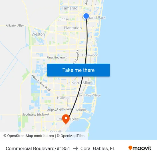 Commercial Boulevard/#1851 to Coral Gables, FL map