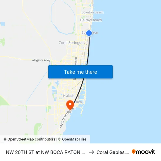 NW 20TH ST at NW  BOCA RATON BLVD to Coral Gables, FL map