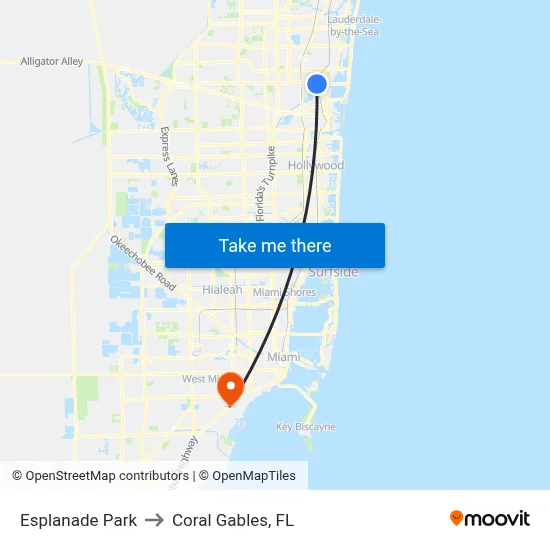 Esplanade Park to Coral Gables, FL map