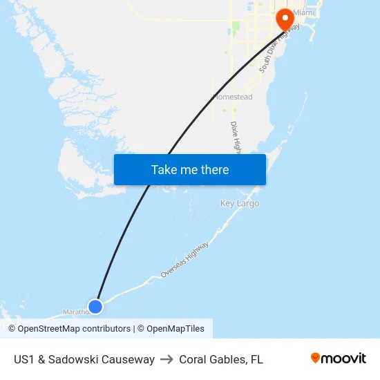 US1 & Sadowski Causeway to Coral Gables, FL map