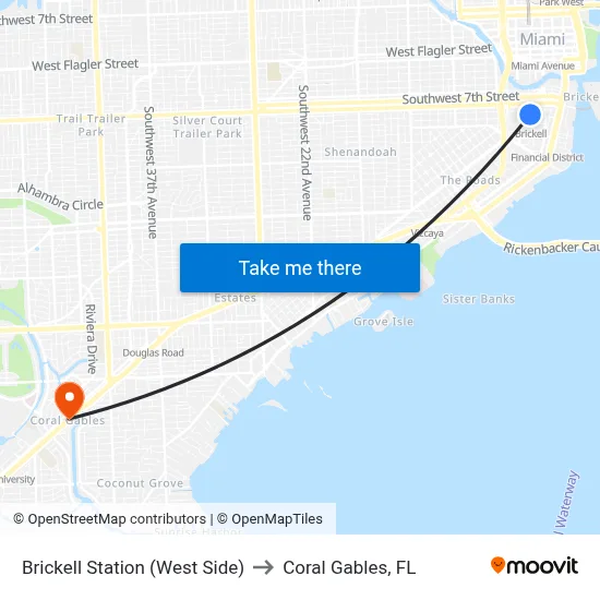Brickell Station (West Side) to Coral Gables, FL map
