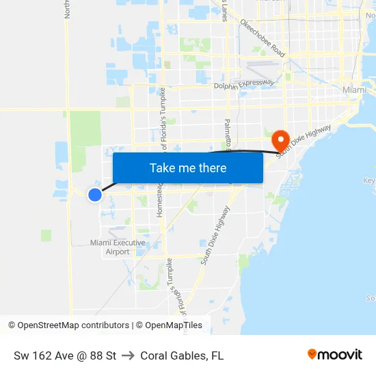 Sw 162 Ave @ 88 St to Coral Gables, FL map