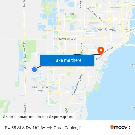Sw 88 St & Sw 162 Av to Coral Gables, FL map