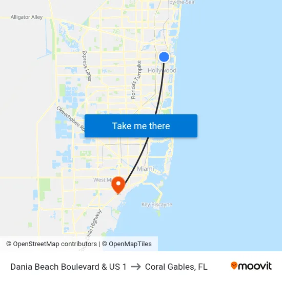 Dania Beach Boulevard & US 1 to Coral Gables, FL map
