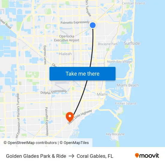Golden Glades Park & Ride to Coral Gables, FL map