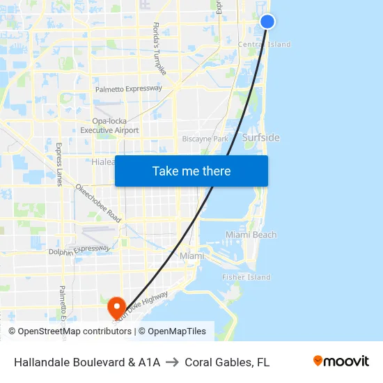 Hallandale Boulevard & A1A to Coral Gables, FL map