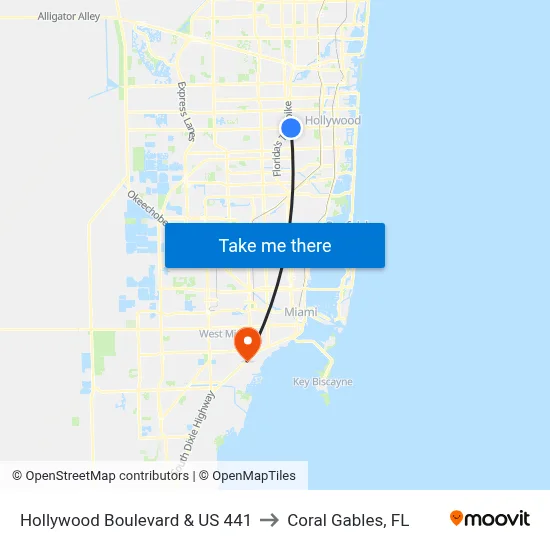 Hollywood Boulevard & US 441 to Coral Gables, FL map