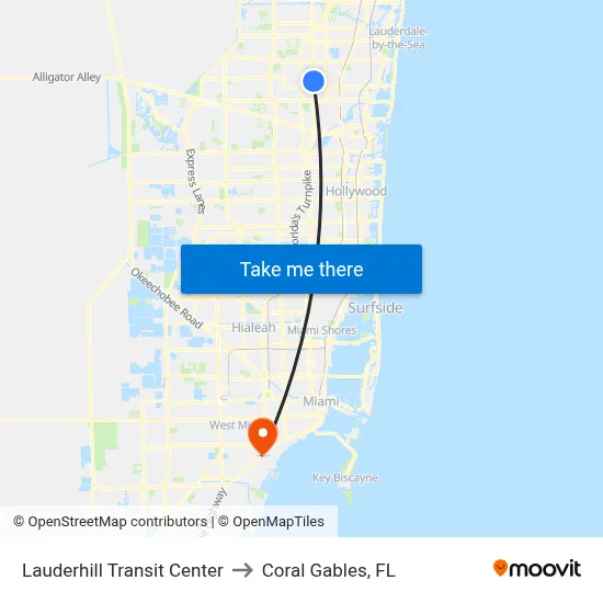 Lauderhill Transit Center to Coral Gables, FL map