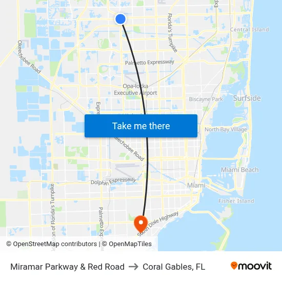 Miramar Parkway & Red Road to Coral Gables, FL map