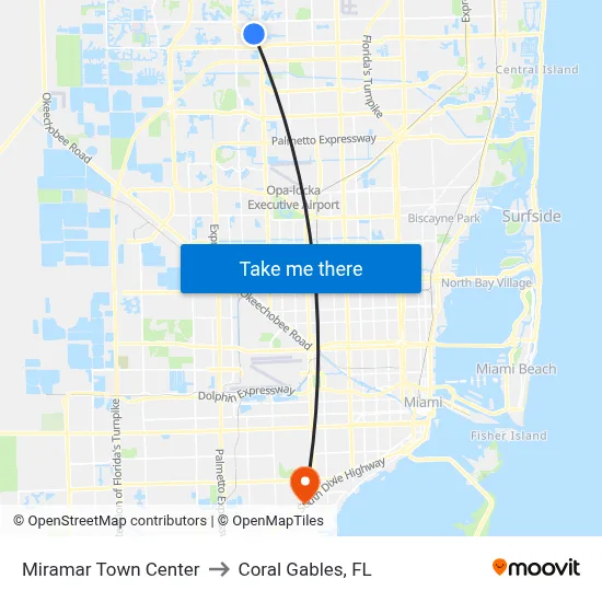 Miramar Town Center to Coral Gables, FL map