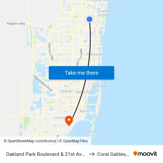 Oakland Park Boulevard & 21st Avenue to Coral Gables, FL map
