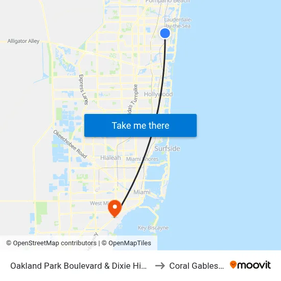 Oakland Park Boulevard & Dixie Highway to Coral Gables, FL map