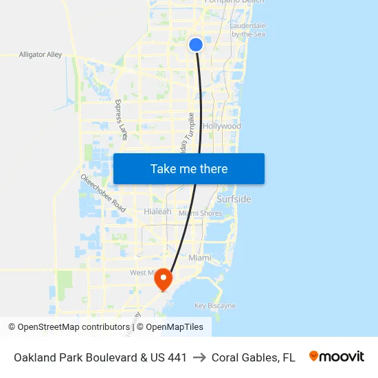 Oakland Park Boulevard & US 441 to Coral Gables, FL map