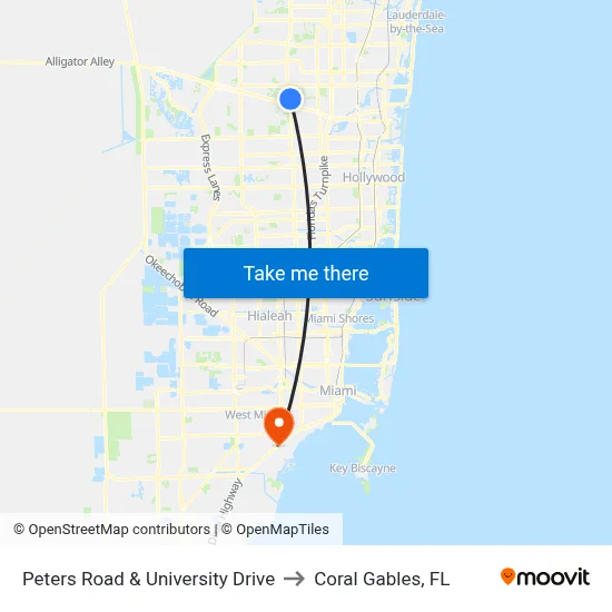 Peters Road & University Drive to Coral Gables, FL map