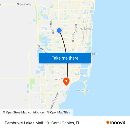 Pembroke Lakes Mall to Coral Gables, FL map