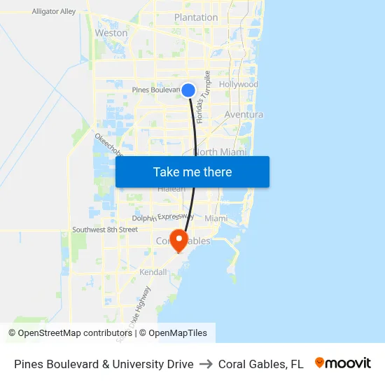 Pines Boulevard & University Drive to Coral Gables, FL map