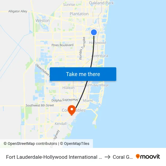 Fort Lauderdale-Hollywood International Airport Griffin Road/Tri-Rail Station to Coral Gables, FL map