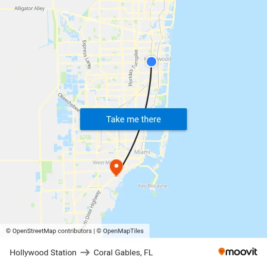 Hollywood Station to Coral Gables, FL map
