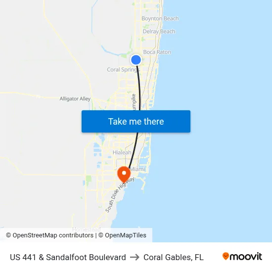 US 441 & Sandalfoot Boulevard to Coral Gables, FL map