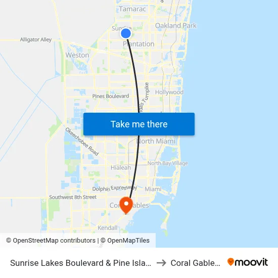 Sunrise Lakes Boulevard & Pine Island Road to Coral Gables, FL map