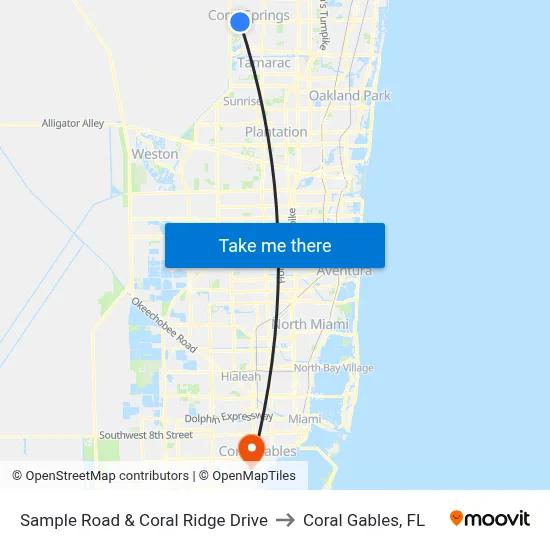 Sample Road & Coral Ridge Drive to Coral Gables, FL map