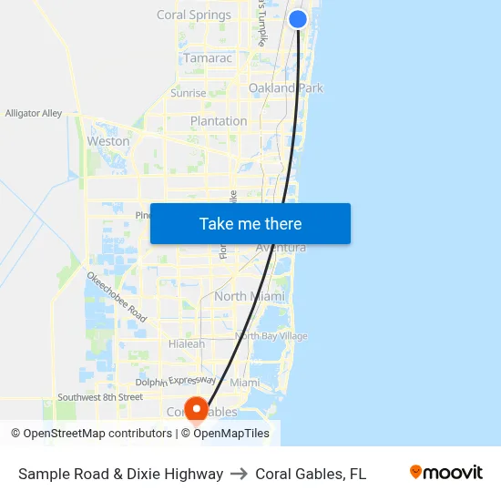 Sample Road & Dixie Highway to Coral Gables, FL map