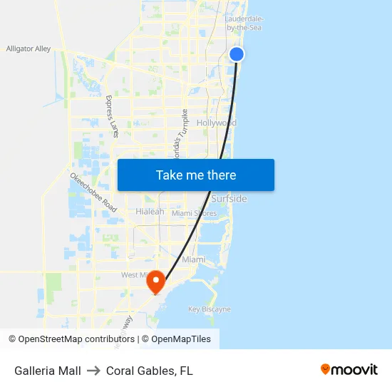 Galleria Mall to Coral Gables, FL map