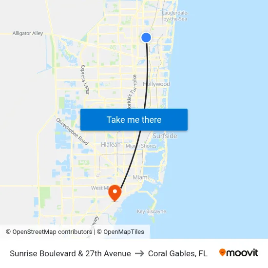 Sunrise Boulevard & 27th Avenue to Coral Gables, FL map