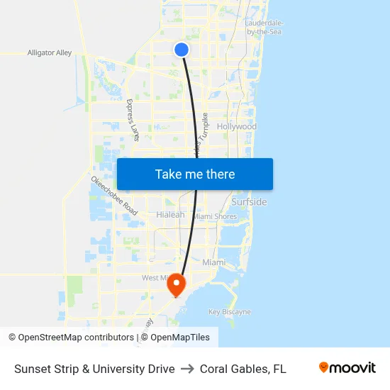 Sunset Strip & University Drive to Coral Gables, FL map