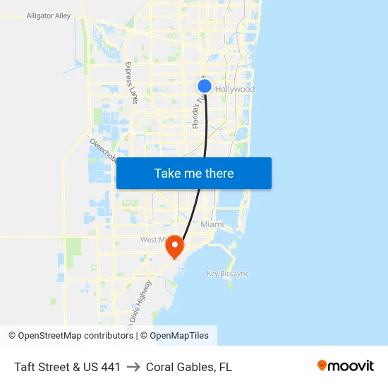 Taft Street & US 441 to Coral Gables, FL map