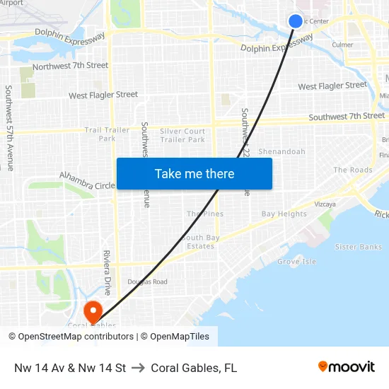 Nw 14 Av & Nw 14 St to Coral Gables, FL map