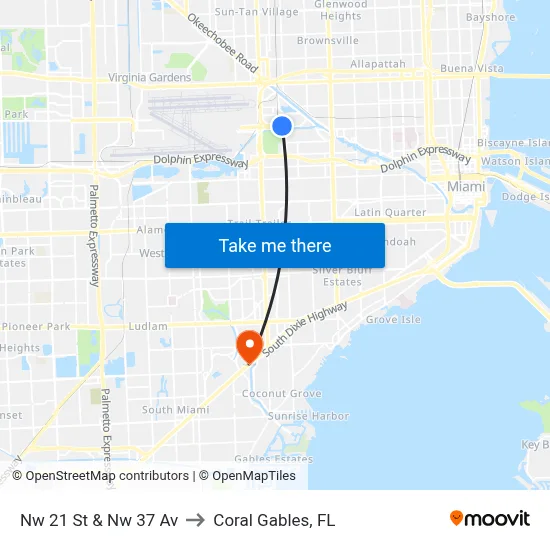 Nw 21 St & Nw 37 Av to Coral Gables, FL map