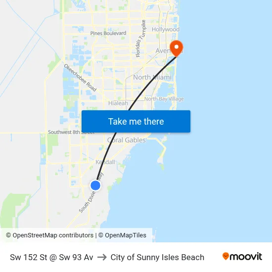 Sw 152 St @ Sw 93 Av to City of Sunny Isles Beach map
