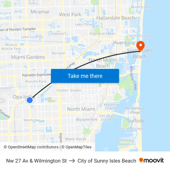 Nw 27 Av & Wilmington St to City of Sunny Isles Beach map