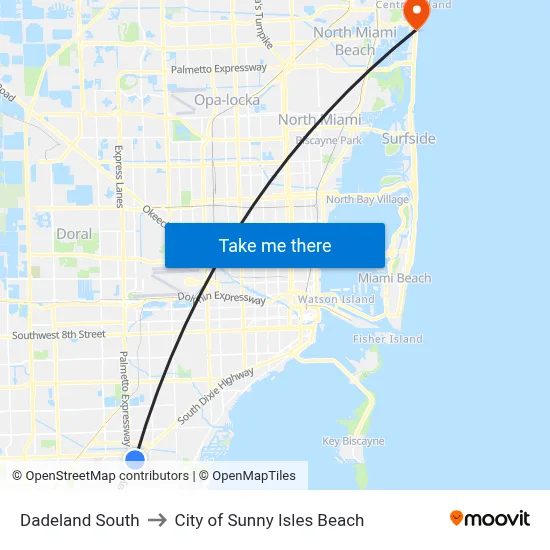 Dadeland South to City of Sunny Isles Beach map