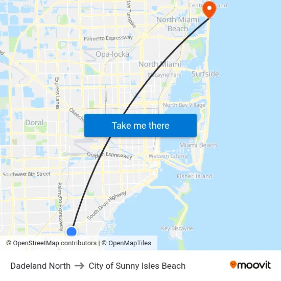 Dadeland North to City of Sunny Isles Beach map