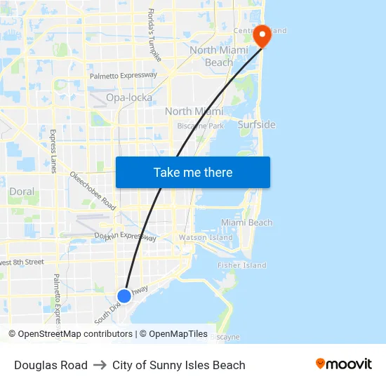 Douglas Road to City of Sunny Isles Beach map