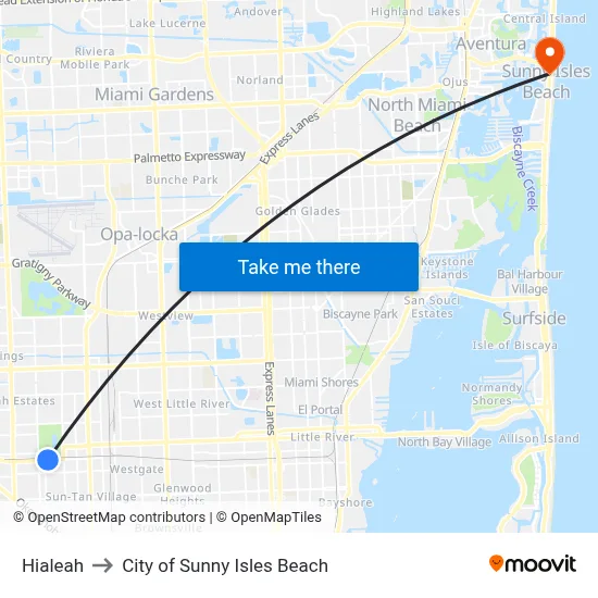 Hialeah to City of Sunny Isles Beach map