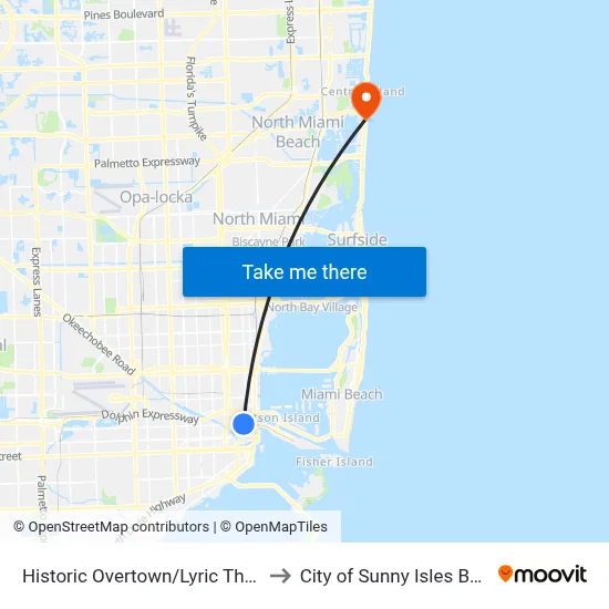 Historic Overtown/Lyric Theatre to City of Sunny Isles Beach map