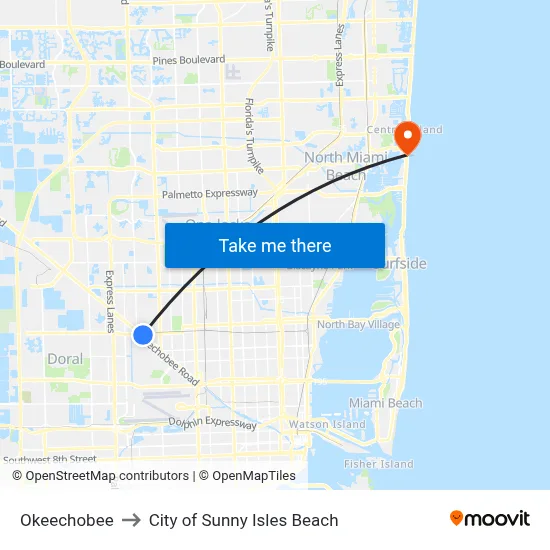 Okeechobee to City of Sunny Isles Beach map